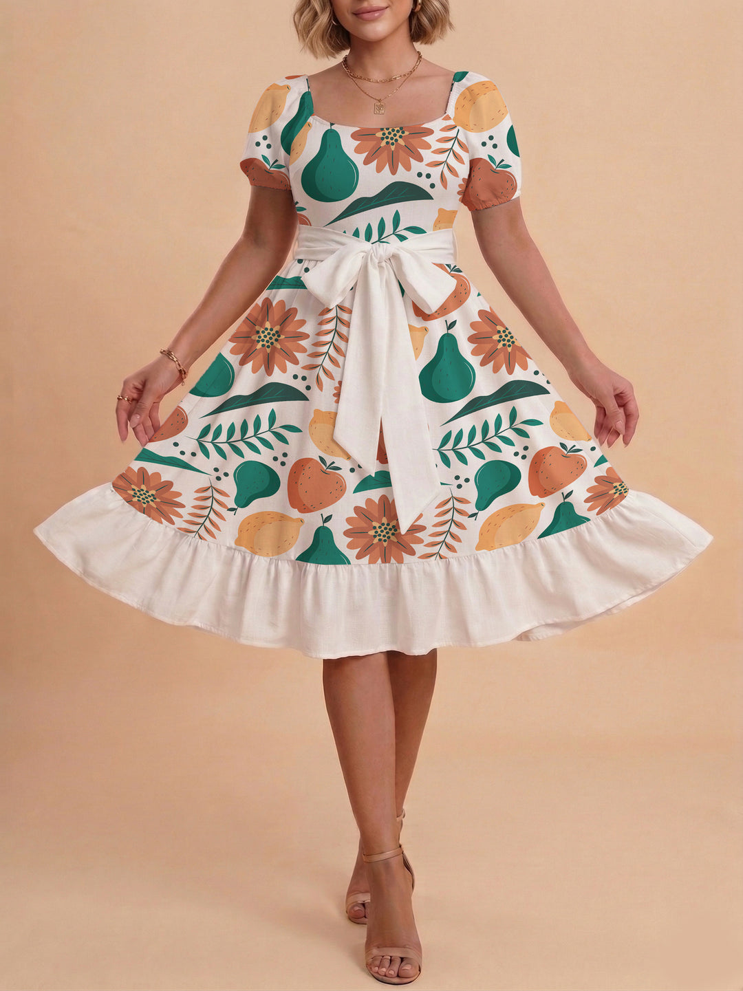 Damen Sommerliches Blumenkleid mit taillierbarem Gürtel und voluminösen Ärmeln Echo Archiv