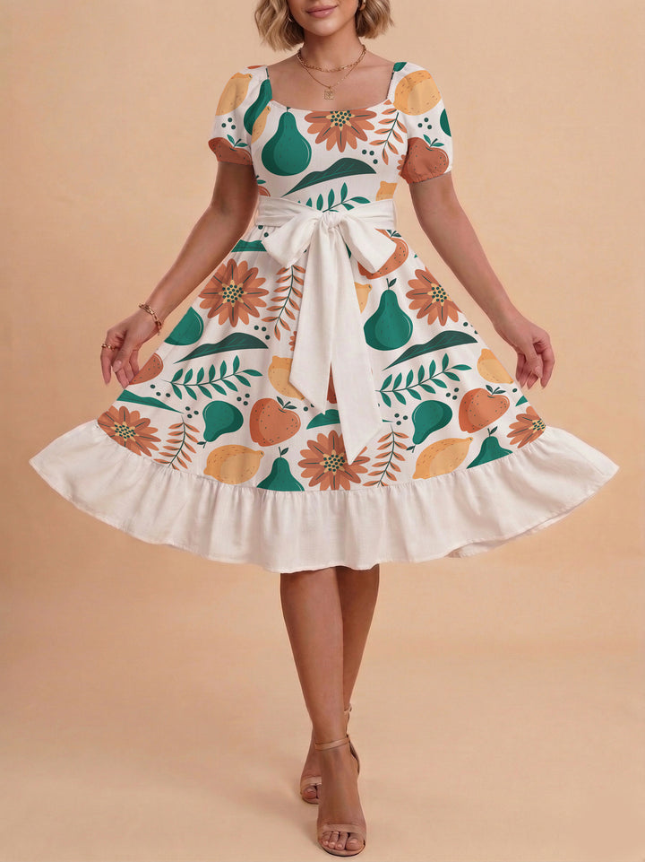 Damen Sommerliches Blumenkleid mit taillierbarem Gürtel und voluminösen Ärmeln Echo Archiv