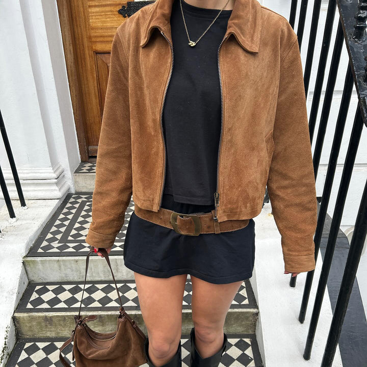 Damen Kurzgeschnittene Wildlederoptik Blousonjacke mit Hemdkragen und Reißverschluss – Célinea