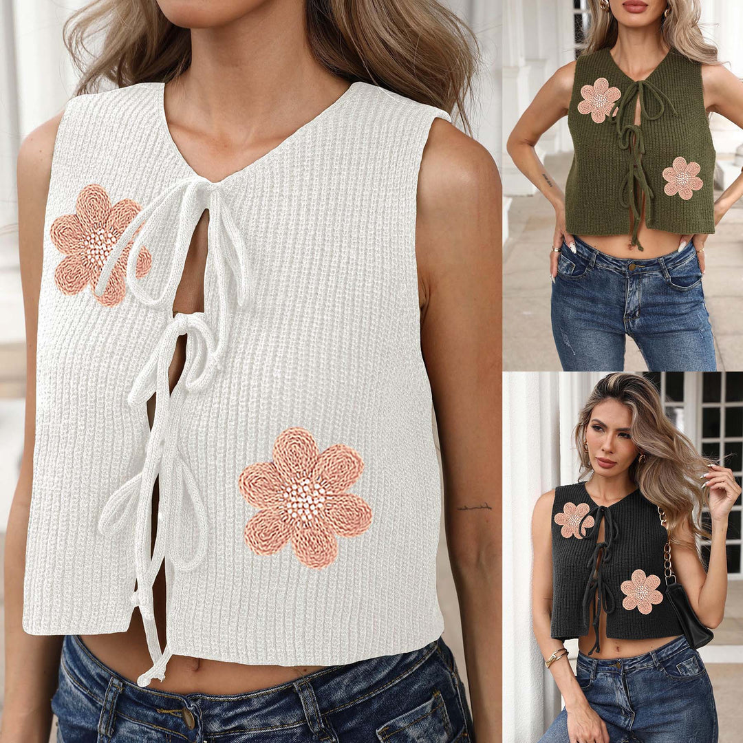 Damen kurzes Stricktop mit Blumenapplikationen Echo Archiv