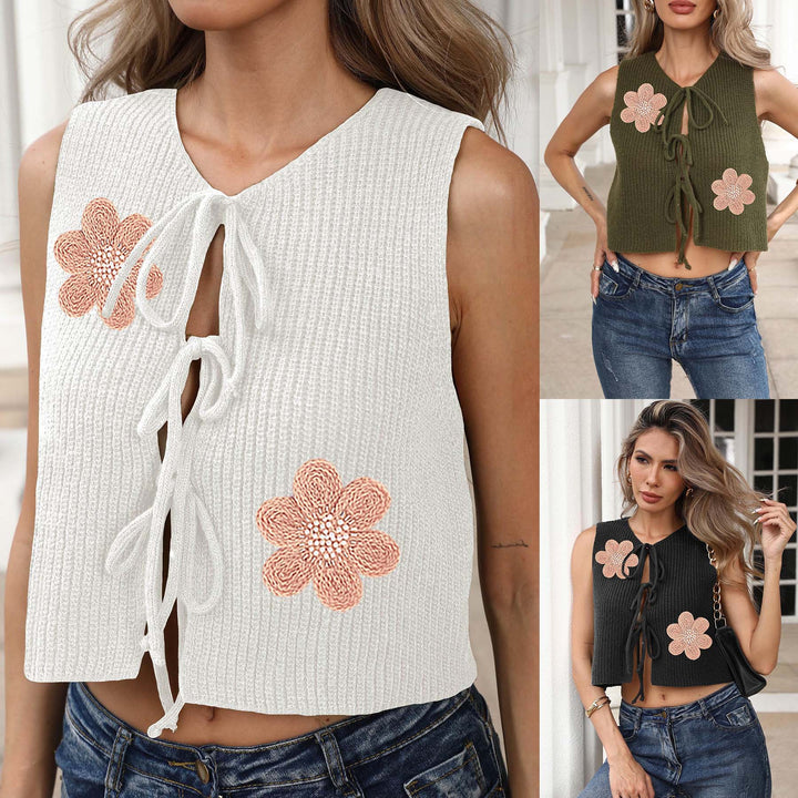Damen kurzes Stricktop mit Blumenapplikationen Echo Archiv