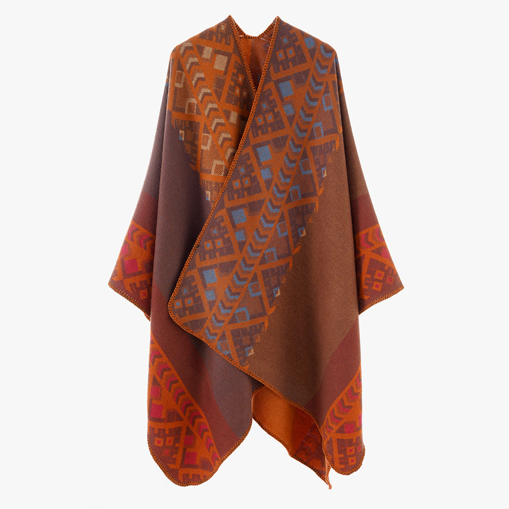 Damen Gewebter Oversize-Ruana mit Ethno-Jacquard und Zierkettelung – Avérine