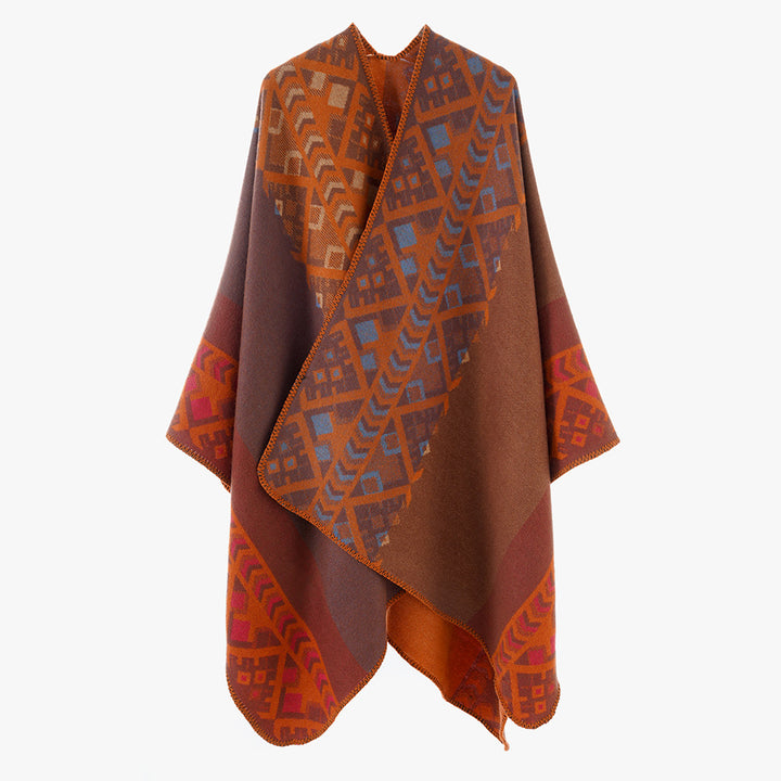 Damen Capeponcho im gewebten Ethno‑Jacquard aus Wollmix mit gezackter Saumkante – Montévia