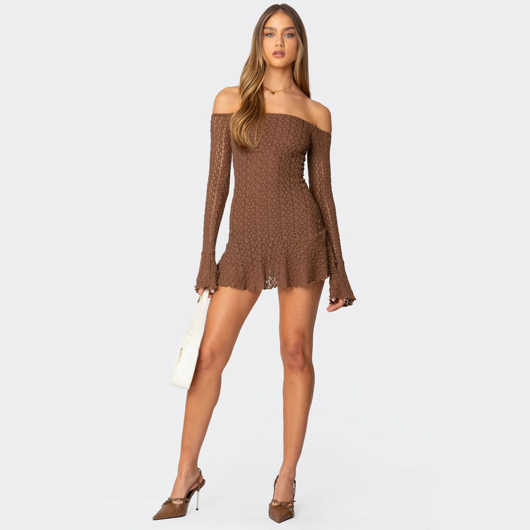 Damen Off-Shoulder Minikleid mit strukturiertem Häkelmuster und schwingendem Saum Echo Archiv
