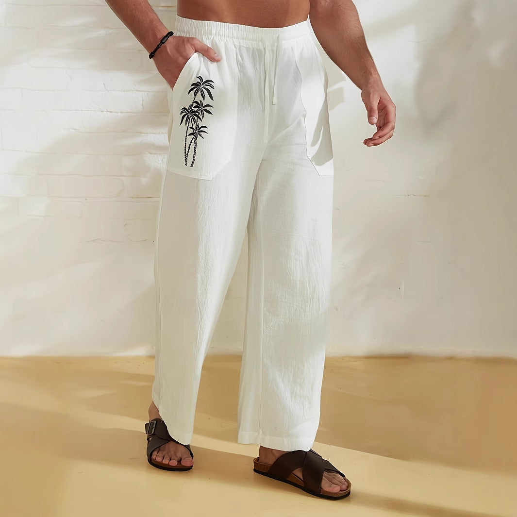Herren Leichte Leinen-Loungehose mit weitem Bein, Kordelzug und aufgesetzten Taschen – Sorevano