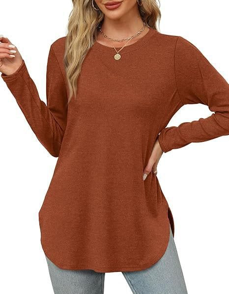 Damen Lässiges Longsleeve-Tunikaoberteil mit Rundhalsausschnitt, Seitenschlitzen und Aquarell-Blattprint Echo Archiv