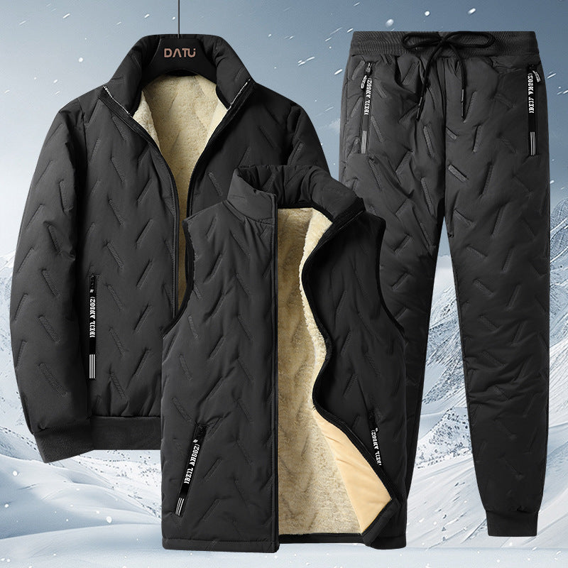 Herren dreiteiliges Thermo-Fleecegefüttertes Freizeit- und Outdoor-Set mit gesteppter Jacke Weste und Jogginghose Echoarchiv