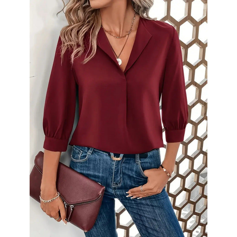 Damen Elegante Viskosebluse mit 3/4-Ärmeln und V-Ausschnitt – Élovi