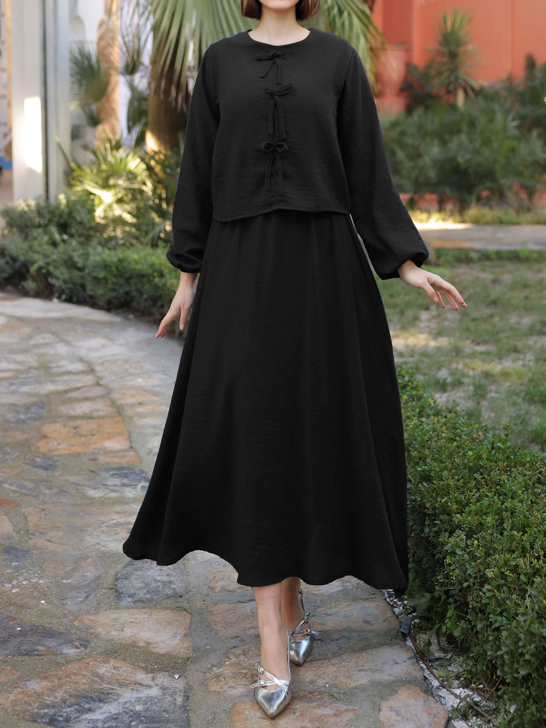 Damen Langes Zweiteiliges Maxikleid mit Überwurf, Rundhals und Zierknoten – Valéora