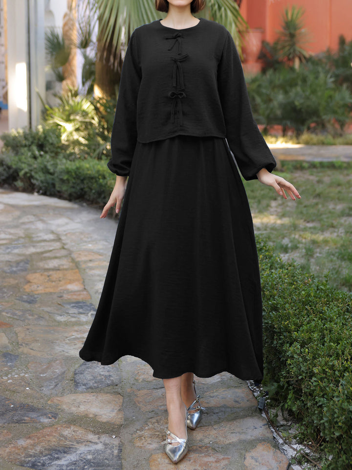 Damen Langes Zweiteiliges Maxikleid mit Überwurf, Rundhals und Zierknoten – Valéora