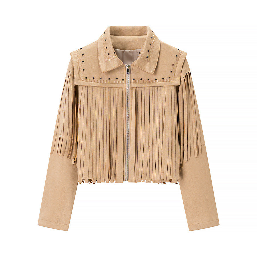 Damen nan kurze Fransenjacke im Wildlederlook mit Nietenbesatz Echo Archiv