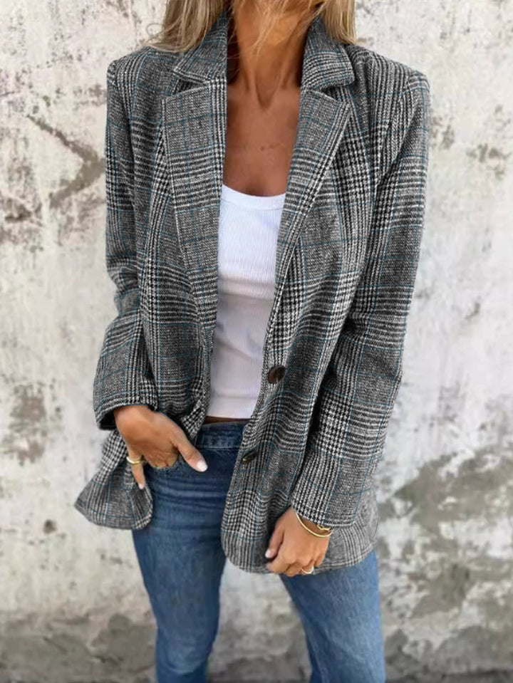 Damen Lockerer Glencheck-Blazer mit Reverskragen, Pattentaschen und Ein-Knopf-Verschluss – Valéne