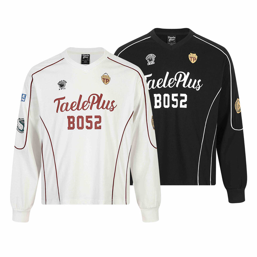 Herren Retro-inspiriertes Langarm-Fußballtrikot mit V-Ausschnitt und Kontrastpaspeln Echoarchiv