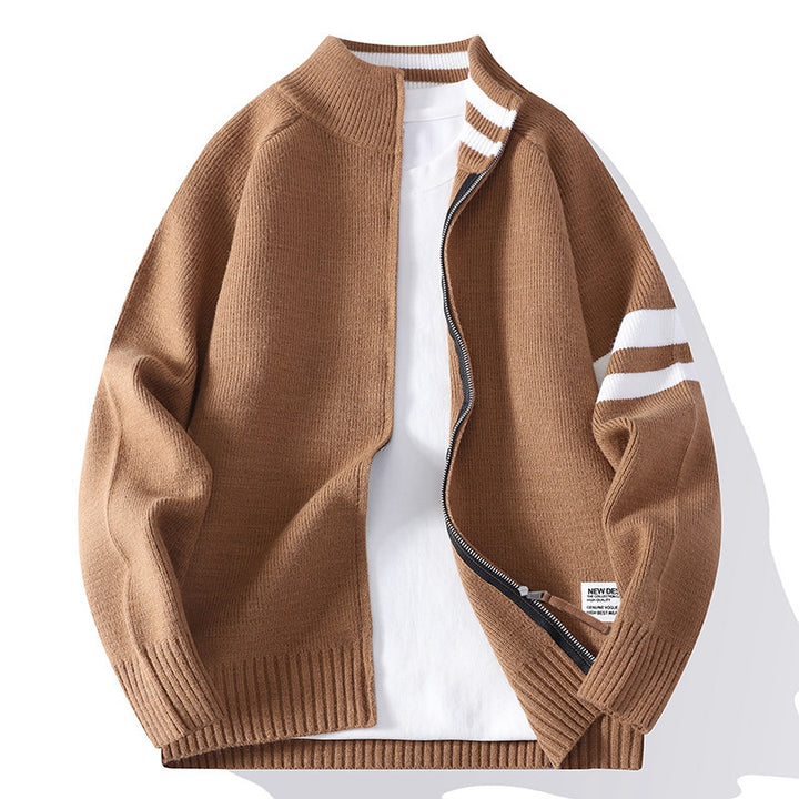 Herren nan gestrickte Zip-Cardigan im College-Stil mit gestreiftem Ärmelband und geripptem Stehkragen Echo Archiv