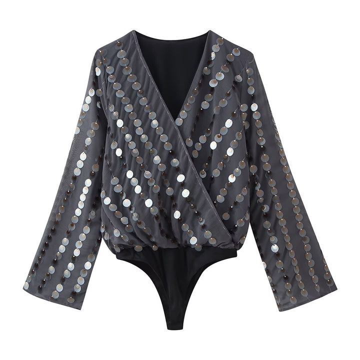 Damen Glamouröses Body mit glitzernden Pailletten und Wickeldesign Echo Archiv