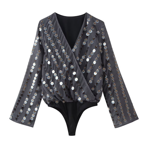 Damen Glamouröses Body mit glitzernden Pailletten und Wickeldesign Echo Archiv