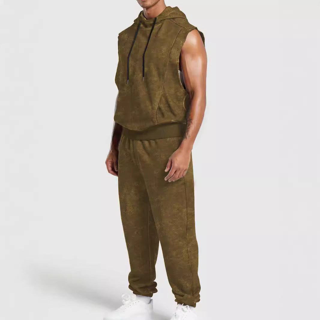 Herren nan ärmelloses Kapuzensweat-Set in Veloursoptik mit elastischer Jogginghose und gerippten Abschlüssen Echo Archiv