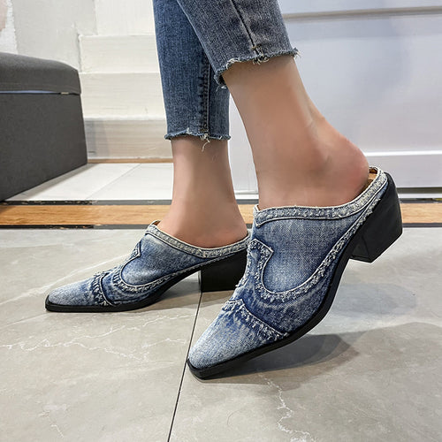 Damen nan Jeans-Slipper mit spitzer Zehenkappe, fransiger Kantenverarbeitung und mittelhohem Blockabsatz Echo Archiv