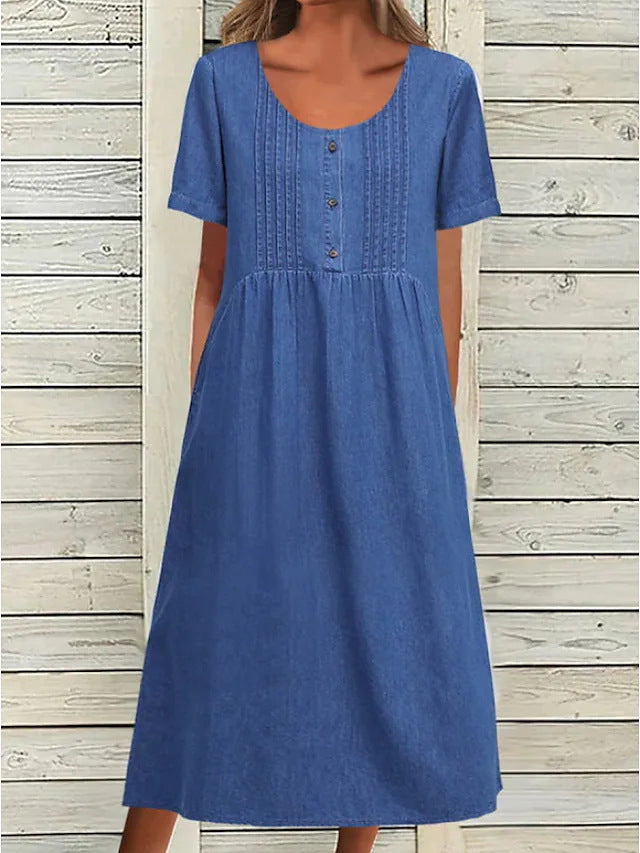 Damen nan locker sitzendes Midikleid im Denim-Look mit Rundhalsausschnitt, Brustbiesen und seitlichen Eingrifftaschen Echo Archiv