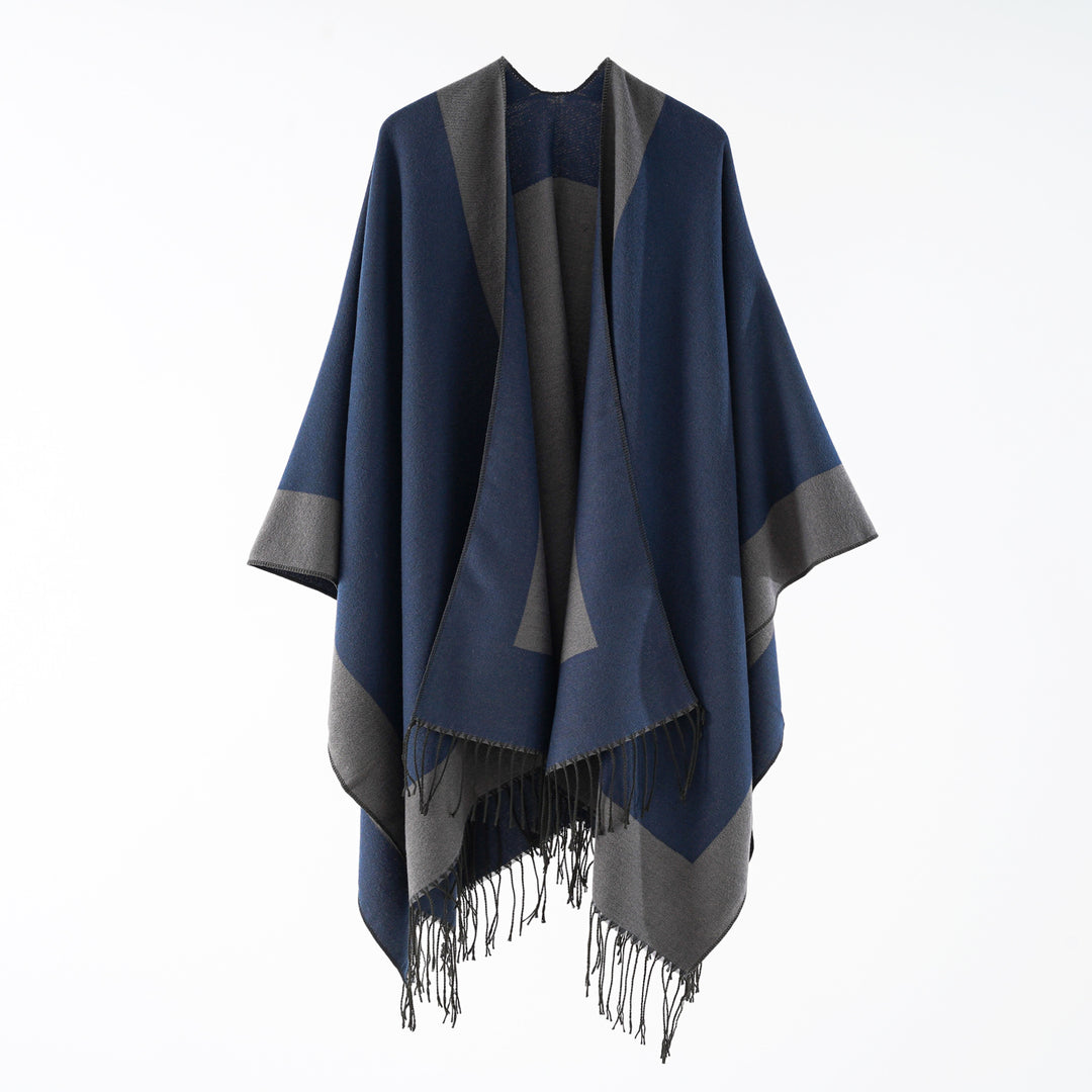 Damen Oversize-wendbarer Capeponcho aus Wollmix mit Fransen Echo Archiv