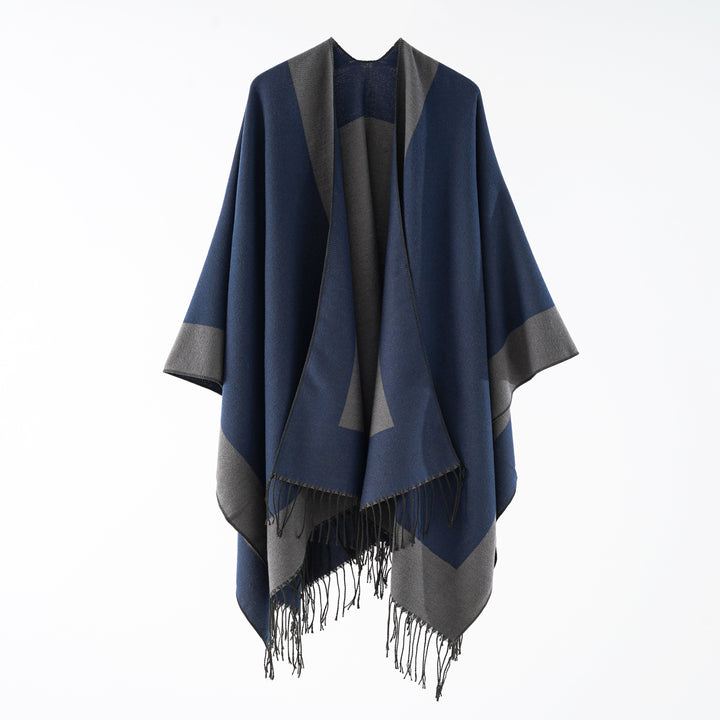 Damen Oversize-wendbarer Capeponcho aus Wollmix mit Fransen Echo Archiv
