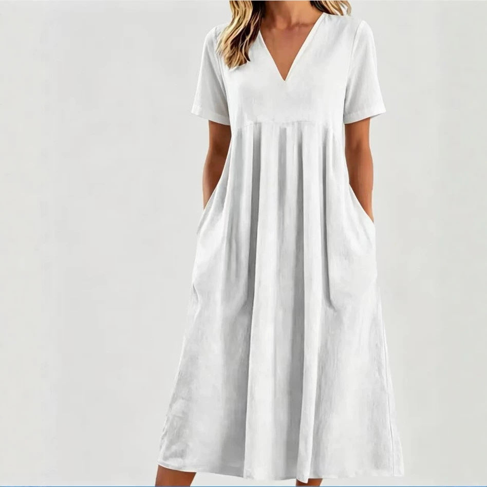Damen nan legeres V-Ausschnitt-Midikleid mit Eingrifftaschen und geraffter Empirenaht Echo Archiv