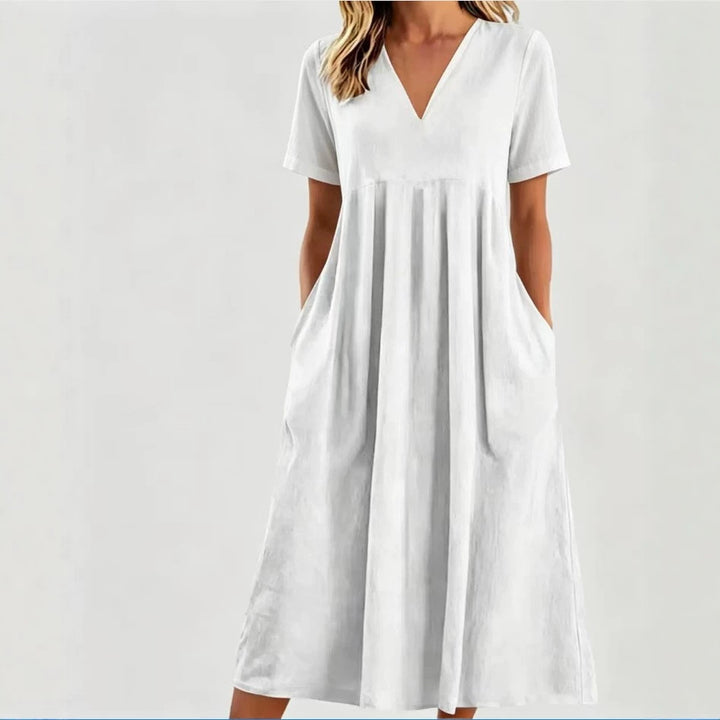 Damen nan legeres V-Ausschnitt-Midikleid mit Eingrifftaschen und geraffter Empirenaht Echo Archiv
