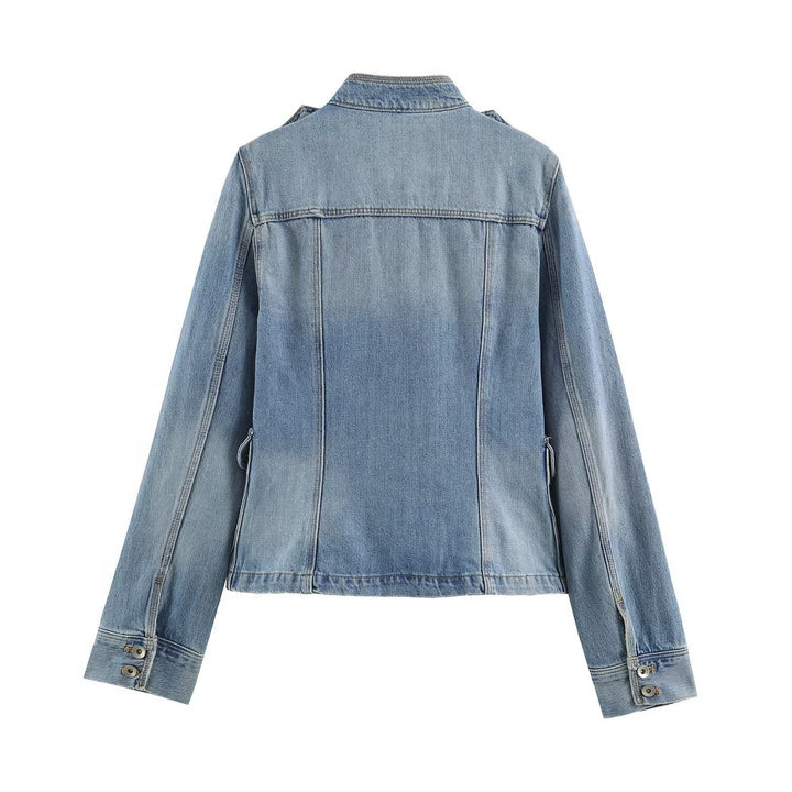 Damen Utility-Denimjacke mit Stehkragen, Pattentaschen und Epauletten Echo Archiv