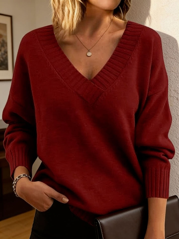 Damen Feinstrickpullover mit tiefem V-Ausschnitt und überschnittener Schulter – Mavelle