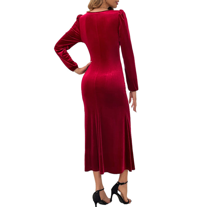 Damen Samt-Maxikleid mit taillierter Silhouette, Puffschultern und fließendem Tulpenrock – Valéora