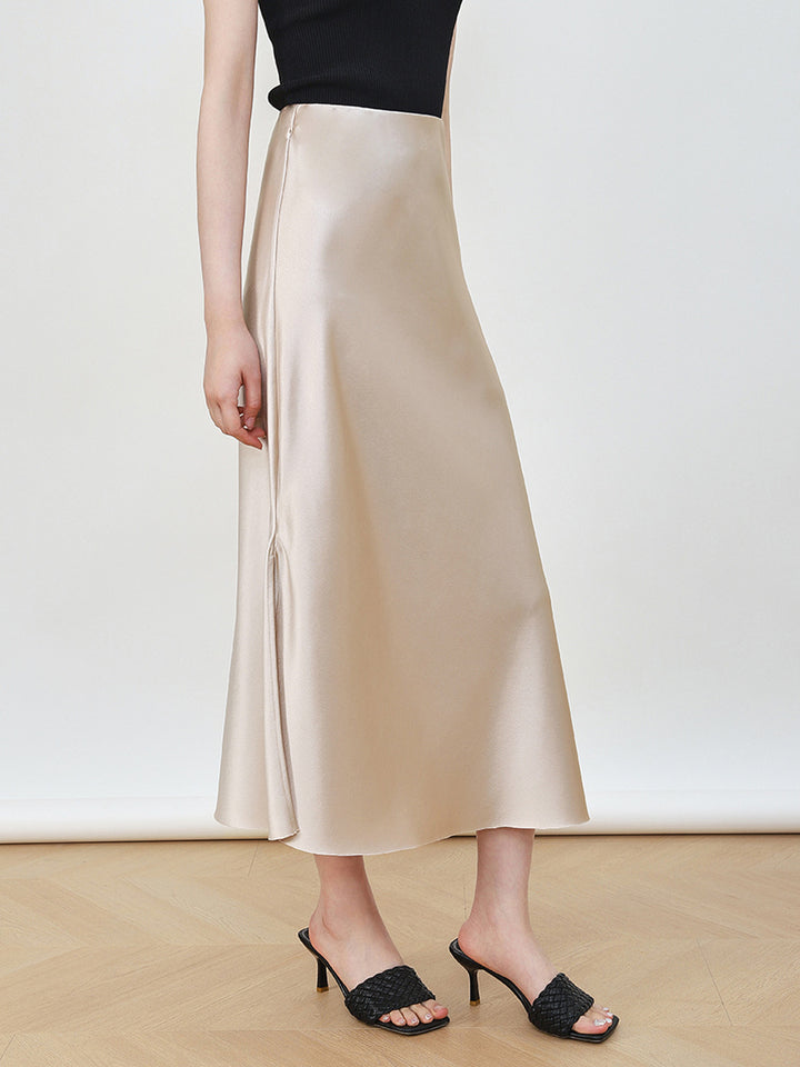 Damen Eleganter Hochtaillierter Satin-Midirock Echoarchiv