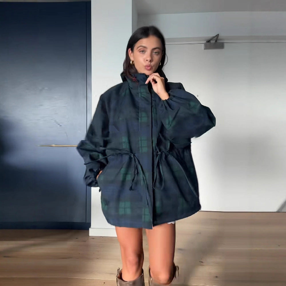 Damen Oversized Jacke im lässigen Karo-Design mit praktischen Taschen und Taillenzug Echoarchiv
