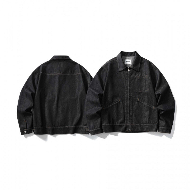Unisex Kastige Denim-Blousonjacke mit durchgehendem Reißverschluss, Hemdkragen und aufgesetzten Eingrifftaschen Echo Archiv