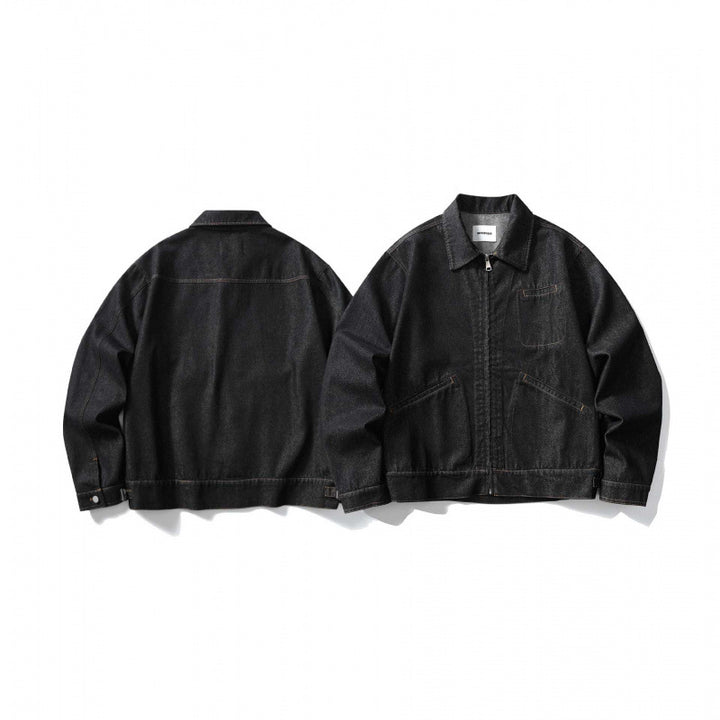 Unisex Kastige Denim-Blousonjacke mit durchgehendem Reißverschluss, Hemdkragen und aufgesetzten Eingrifftaschen Echo Archiv