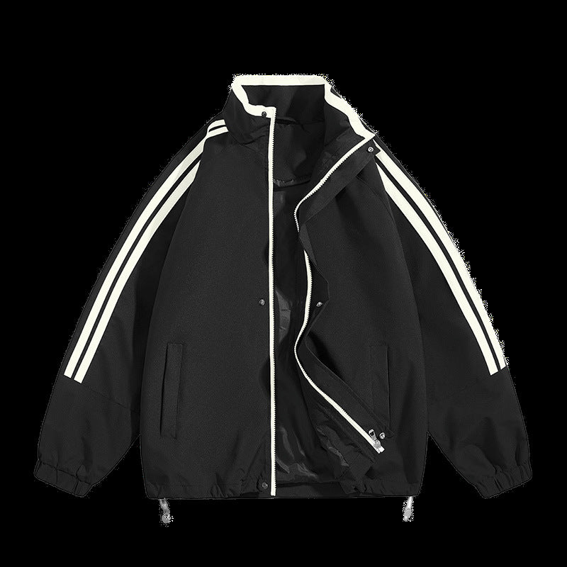 Unisex oversized retro athletic shell jacket with stand collar and dual sleeve stripes – Taviero