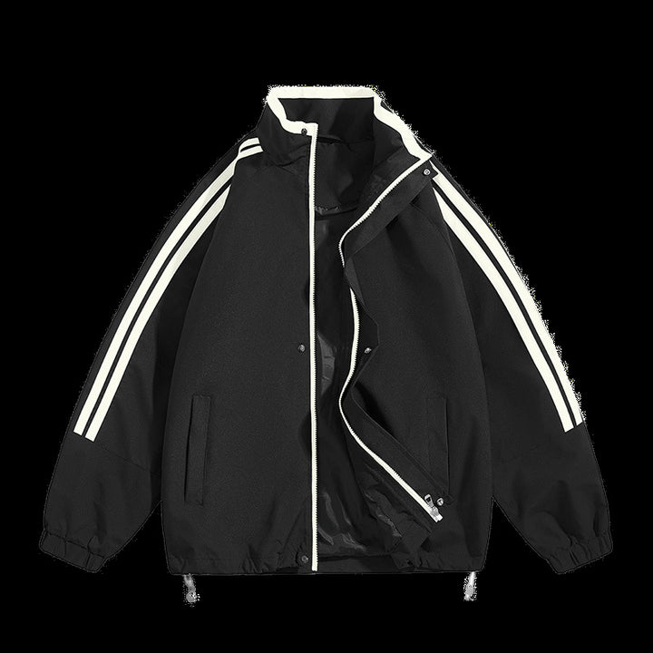 Unisex oversized retro athletic shell jacket with stand collar and dual sleeve stripes – Taviero