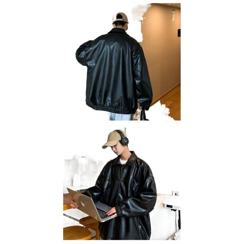 Herren Oversized PU-Leder-Shacket mit Pattentaschen und elastischen Bündchen Echoarchiv