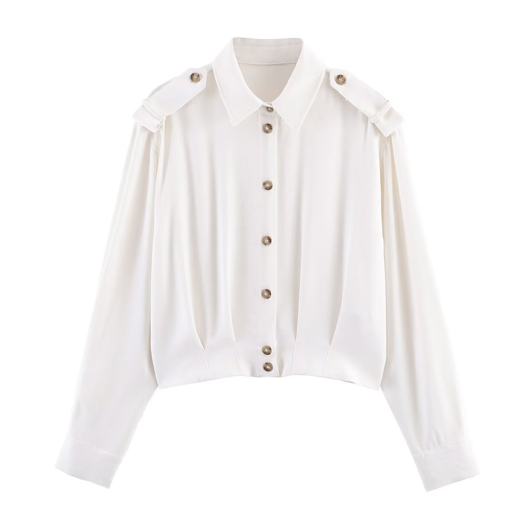 Damen Cropped-Bluse mit Schulterklappen und taillierter Drapierung Echoarchiv
