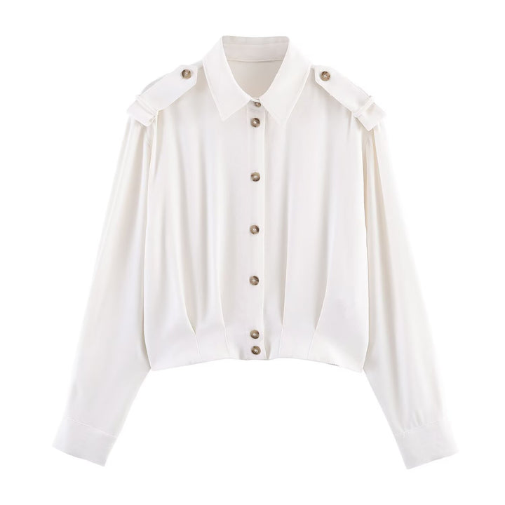 Damen Cropped-Bluse mit Schulterklappen und taillierter Drapierung Echoarchiv