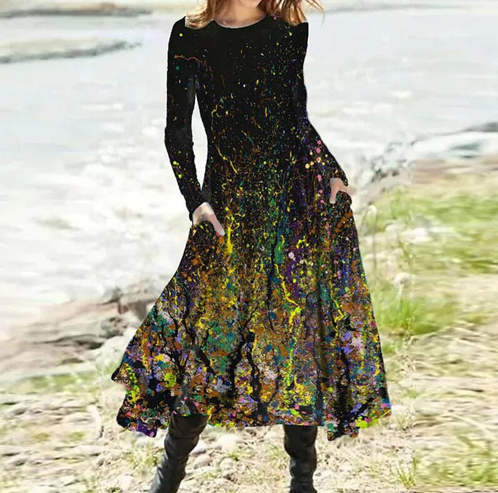 Damen nan A-Linien-Midikleid mit abstraktem Spritzmuster, Rundhalsausschnitt, langen Ärmeln und Eingrifftaschen Echo Archiv