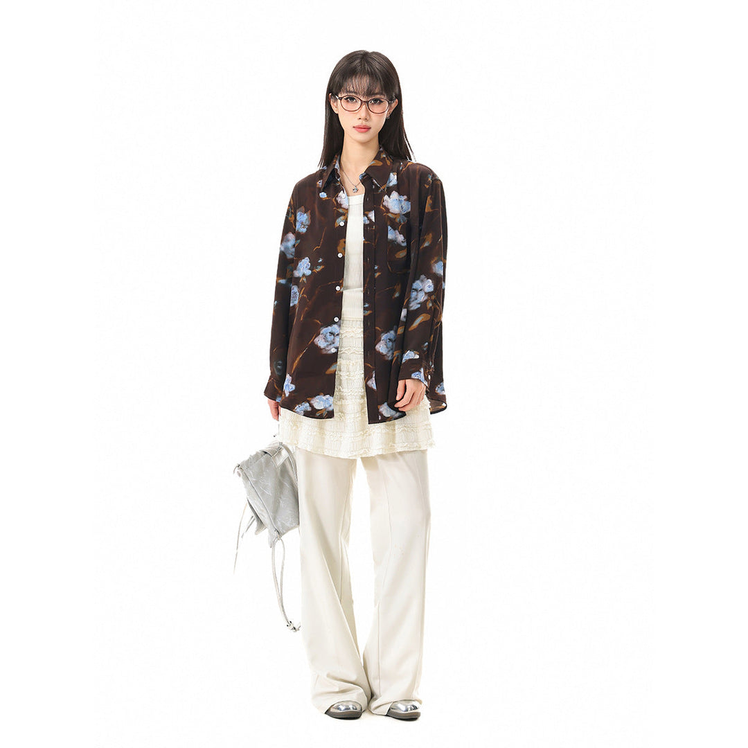 Damen Oversize-Hemdbluse mit abstraktem Blumenprint und aufgesetzter Brusttasche Echoarchiv