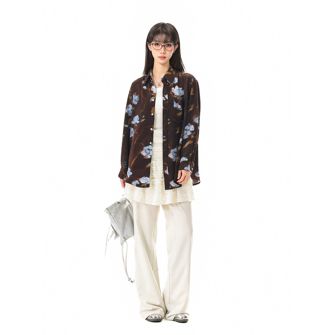 Damen Oversize-Hemdbluse mit abstraktem Blumenprint und aufgesetzter Brusttasche Echoarchiv