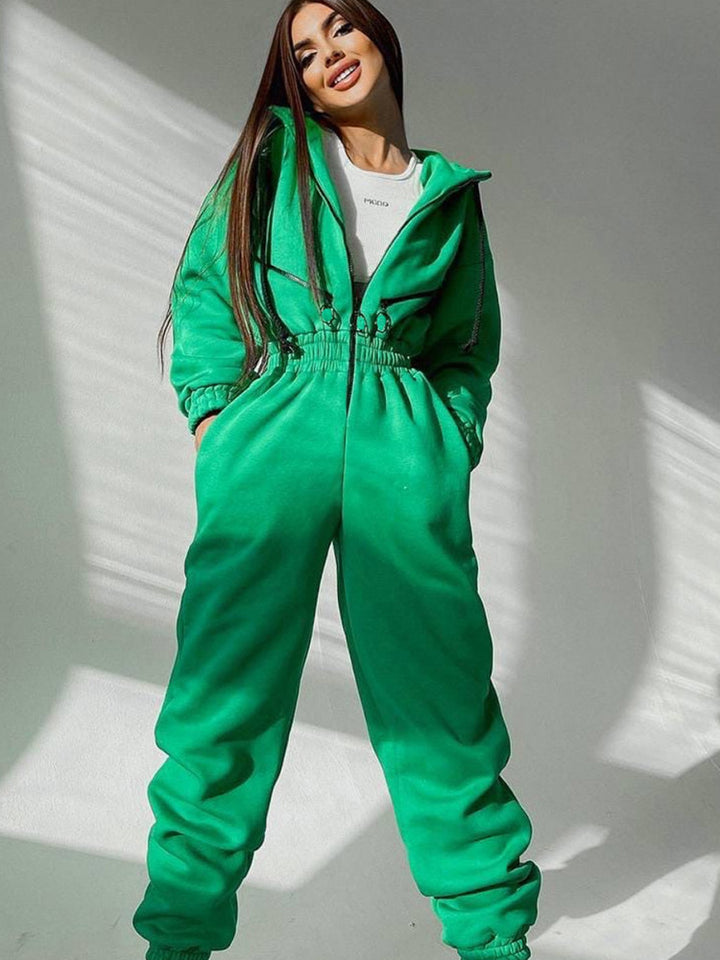 Damen Taillierter Kapuzen-Sweat-Jumpsuit mit Reißverschluss und elastischem Taillenbund – Solévia