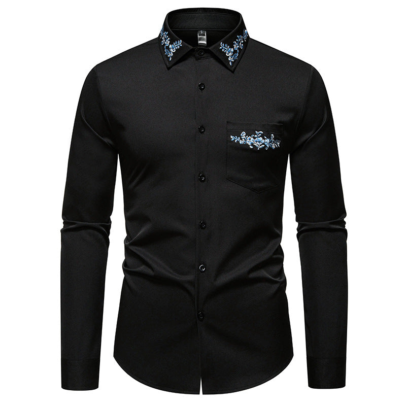 Herren Elegantes Slim-Fit Hemd mit floraler Stickerei am Kragen und aufgesetzter Brusttasche Echo Archiv