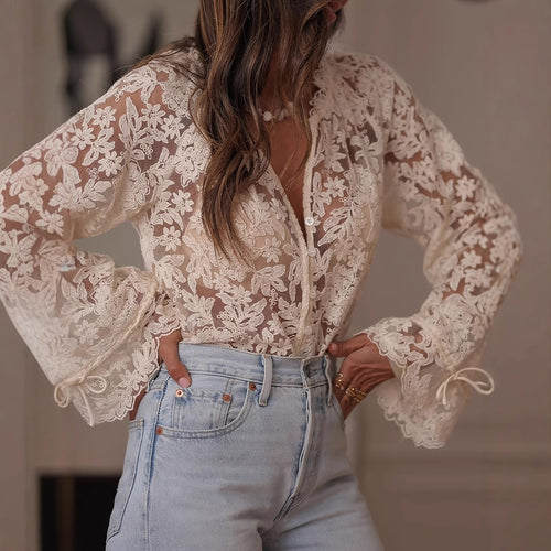 Damen transparente Bluse mit floralen Stickereien und weiten Ärmeln Echo Archiv