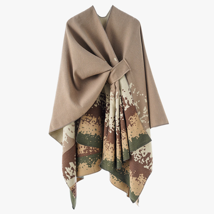 Damen Reversibler Wollmix-Capeponcho mit Bindegürtel und abstraktem Farbverlauf – Montévia