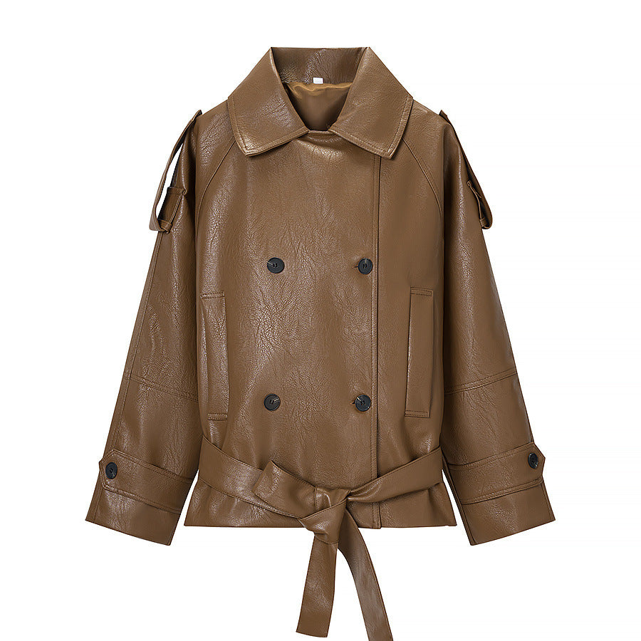 Damen Kurze Doppelreiher Kunstleder-Trenchjacke mit Taillengürtel Echo Archiv