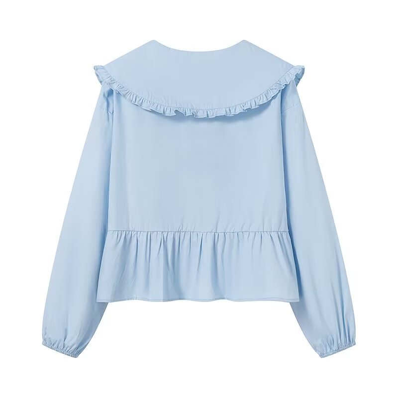 Damen Rüschige Cropped-Bluse mit übergroßem Kragen, Bindebändern und tailliertem Peplum Echo Archiv
