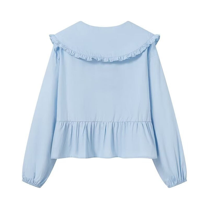 Damen Rüschige Cropped-Bluse mit übergroßem Kragen, Bindebändern und tailliertem Peplum Echo Archiv