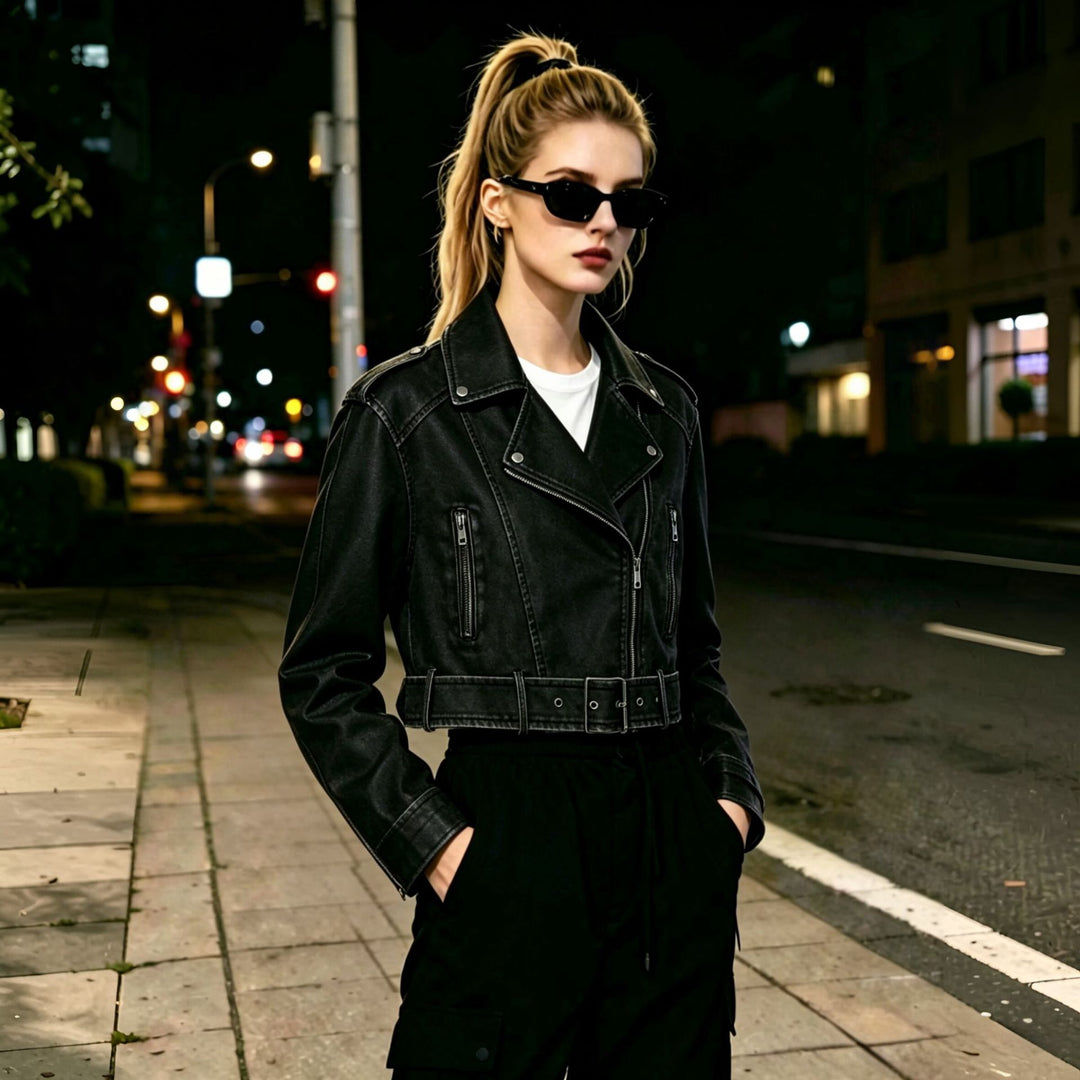 Damen Modische Cropped Bikerjacke Echo Archiv